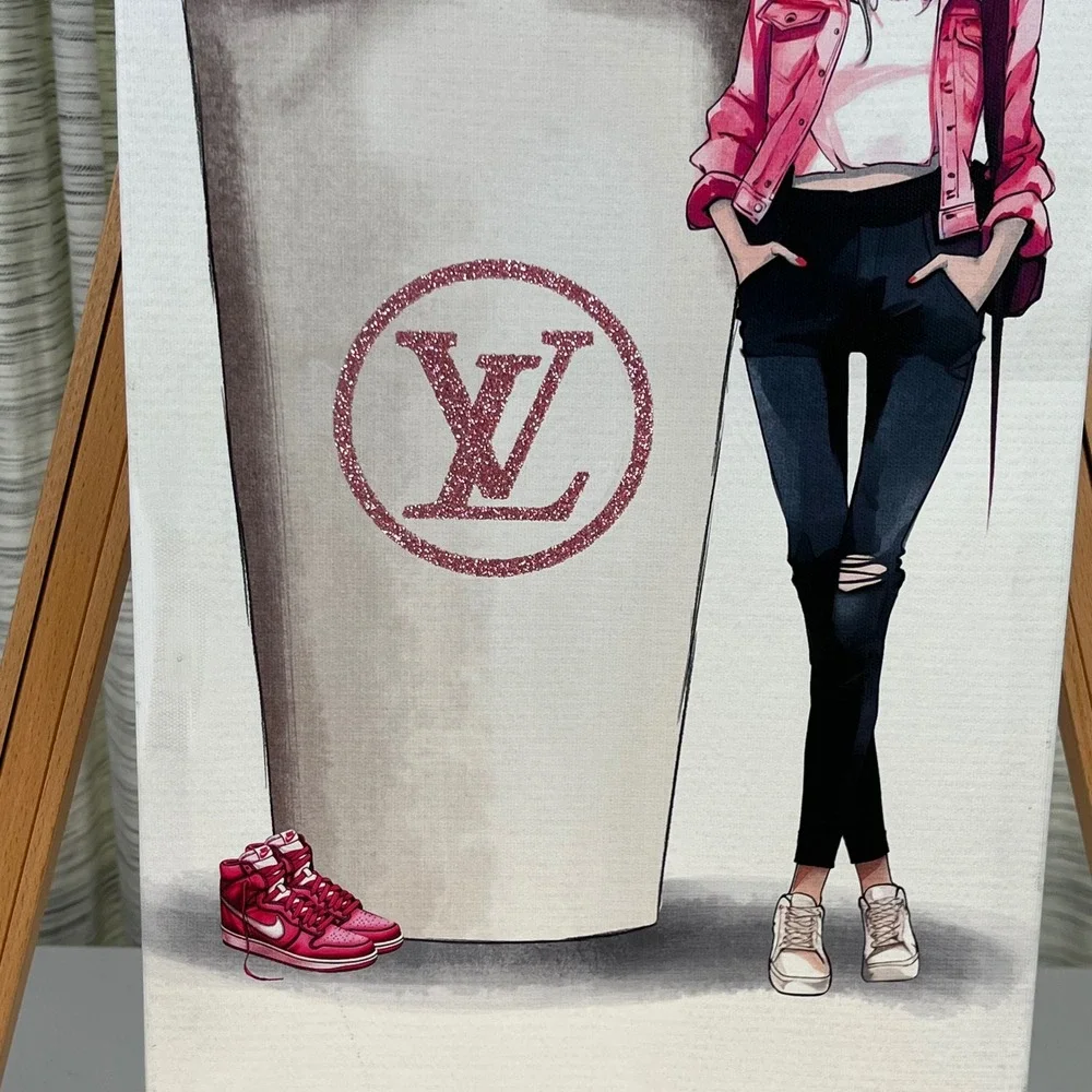 Burlington Canvas Wall Art Pink Women 10x20 Excellent LV Coffee Fashion Decor
